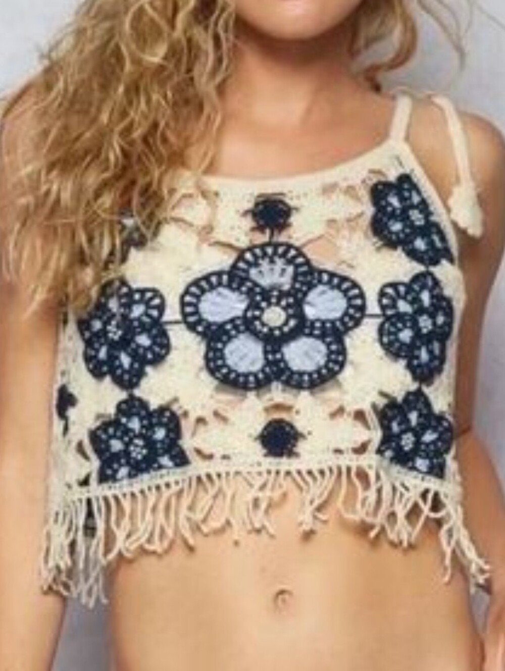 POL Crochet Floral Beaded Fringe Boho Cami Tank Top
